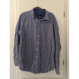 Bugatchi Mens Classic Fit Blue Gingham Shirt With Floral Pattern 100% Cotton Siz